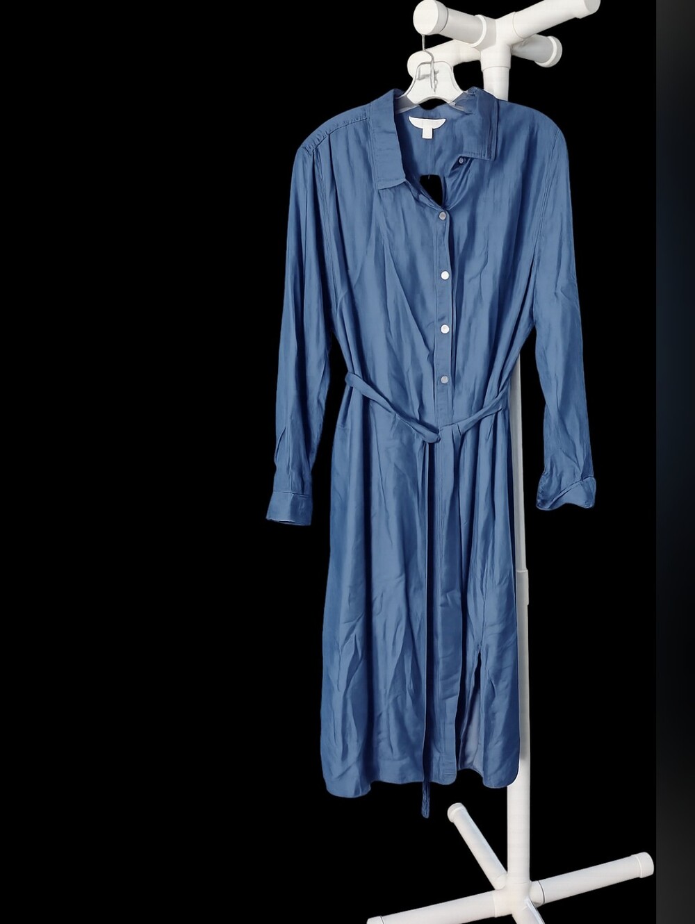 Blue Button-Front Midi Shirt Dress with Tie Waist